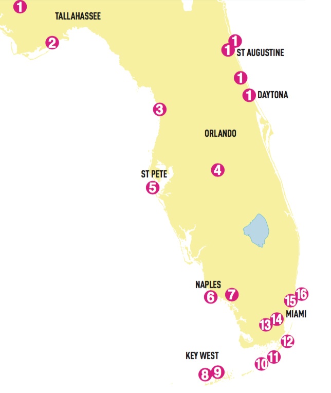 Carte des ruines et des sites insolites de Floride.