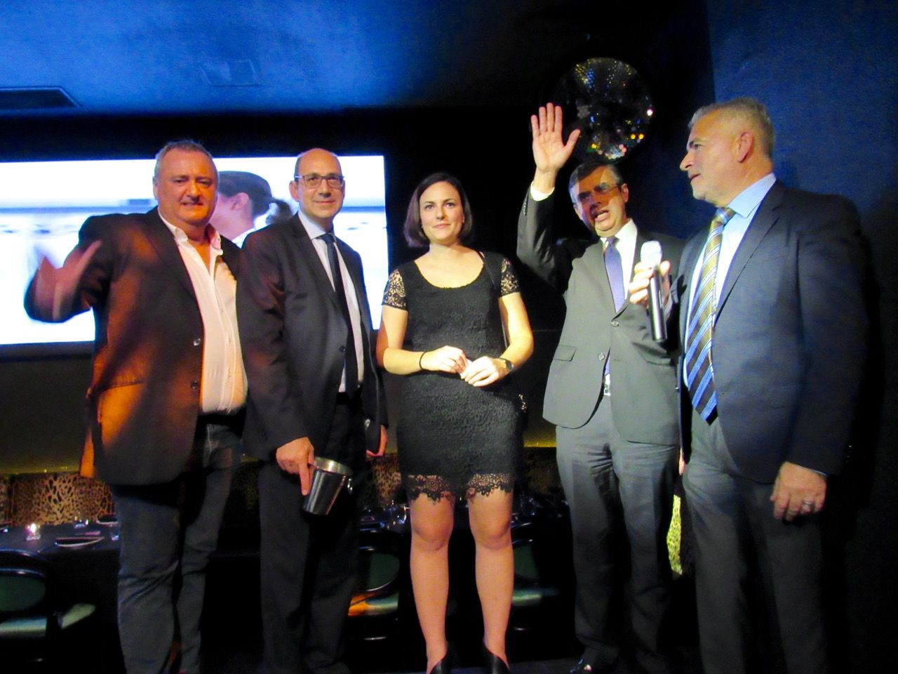 Franck Bondrille, Gilles Marigliano, Pauline (société Contact-USA), Antoine Huet, Alain Ouelhadj durant le cocktail de lancement de Corsair organisé par la FACC Miami au restaurant El Tucan de Miami Brickell.