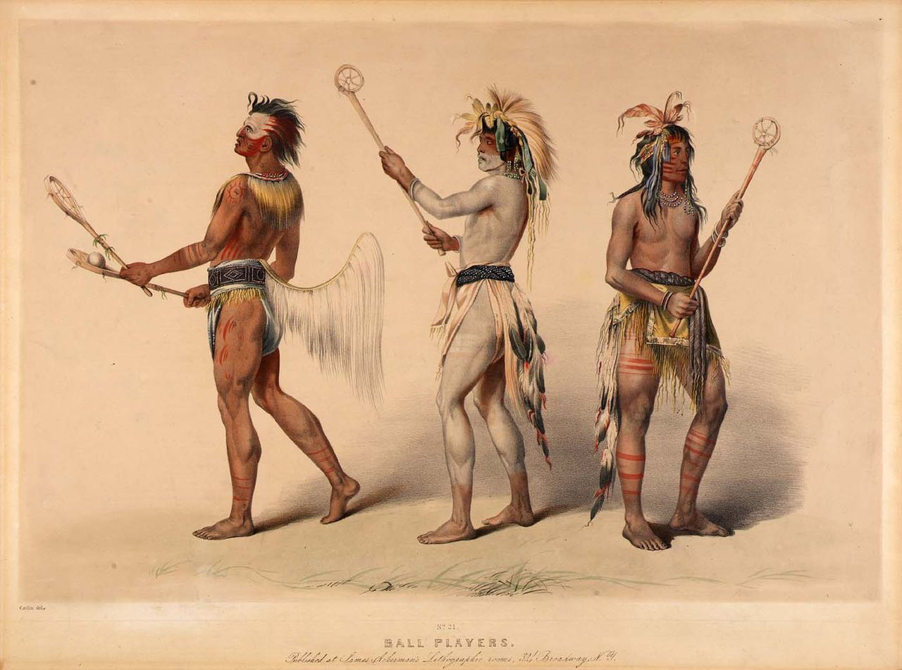 Peinture de George Catlin illustrant les Amérindiens jouant à la crosse.