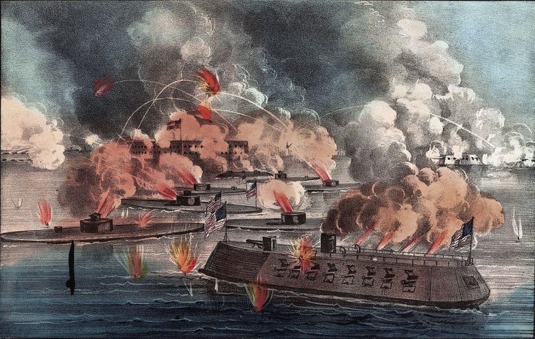Les cuirassés de l'Union tentant de reprendre Fort Sumter aux confédérés en 1863.