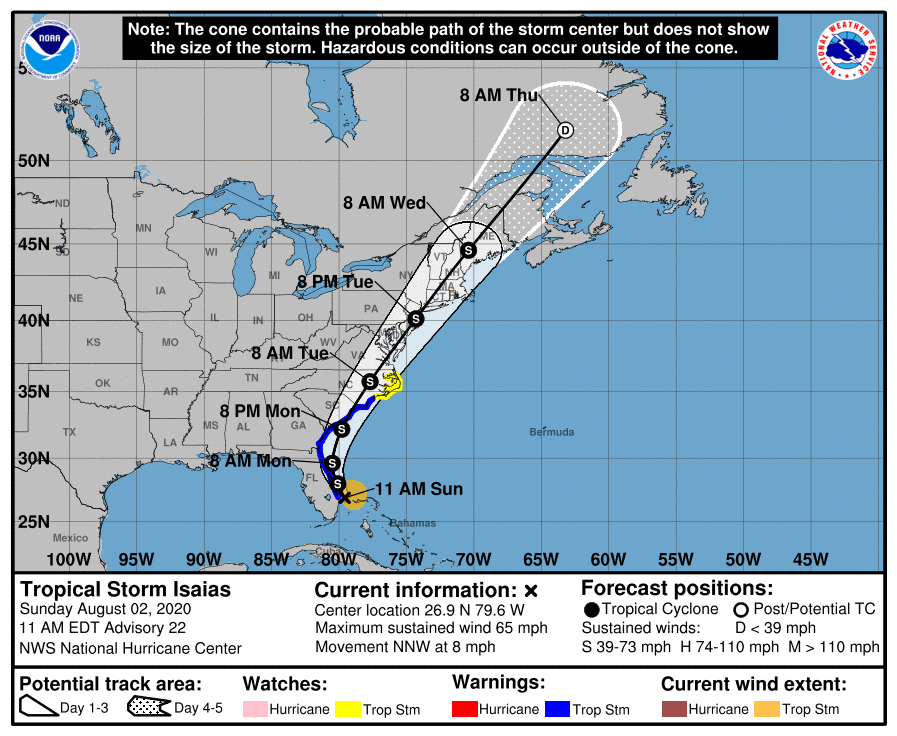Tempête tropicale Isaias dimanche à 11AM