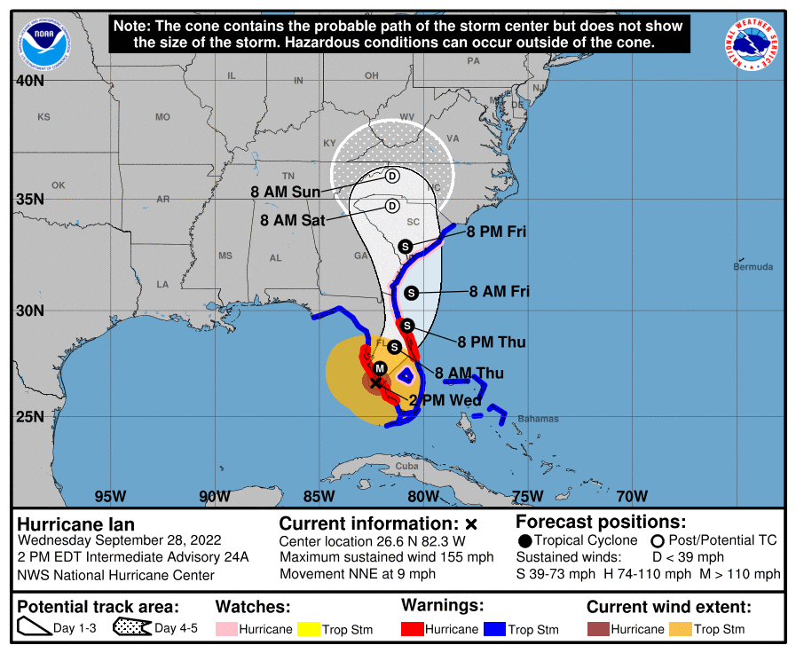 La prévision de l'ouragan Ian mercredi à 14h