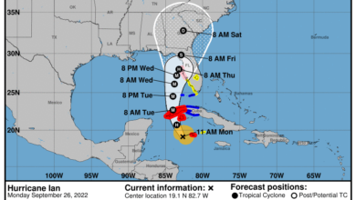 La prévision de trajectoire de l'ouragan Ian lundi à 11AM. Source : NHC.La prévision de trajectoire de l'ouragan Ian lundi à 11AM. Source : NHC.