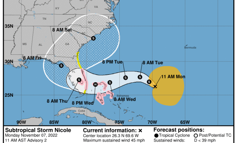 La carte de prévision publiée mardi à 7h du matin. "Nicole" sera un ouragan avant son arrivée en Floride mercredi soir