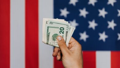 crop person showing pack of dollars against american flag
