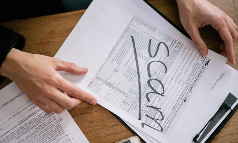 a tax form with a word scam on its face