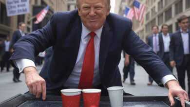 Donald Trump jouant au bonneteau à Wall Street : image générée par l’IA «Grok» pour Le Courrier des Amériques !