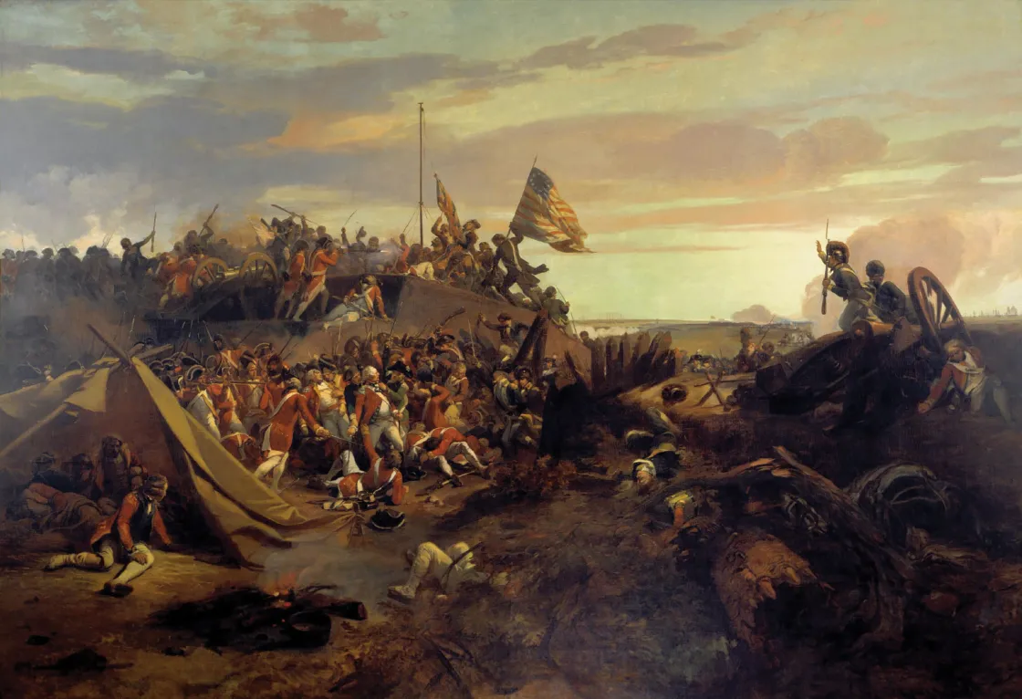 Le drapeau américain arrive sur la redoute N°10 de Yorktown, conquise par les Français de La Rouërie et La Fayette : c'est le moment décisif de la guerre d'Indépendance ; les Anglais ne s'en relèveront pas.